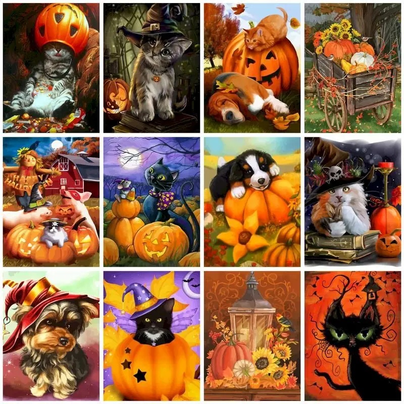 GATYZTORY Full Square Diamond Embroidery Halloween Pumpkins And Animals 5d Diy Diamond Painting Cross Stitch Home Decoration