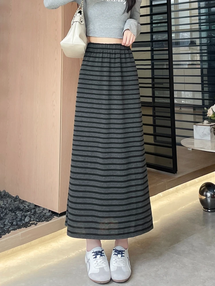 

Knitted striped half skirt women autumn winter elastic high waisted slimming casual and versatile slit A-line long skirt