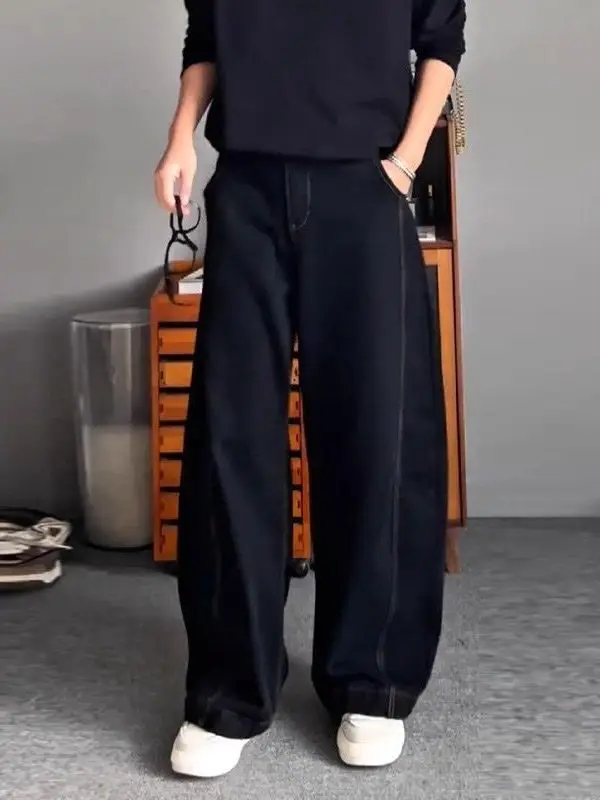 

Loose Wide Leg Jeans Bla Knife Simple Faionable High Waist Straight Cut Breathable Wear Resistant Daily Casual Jeans