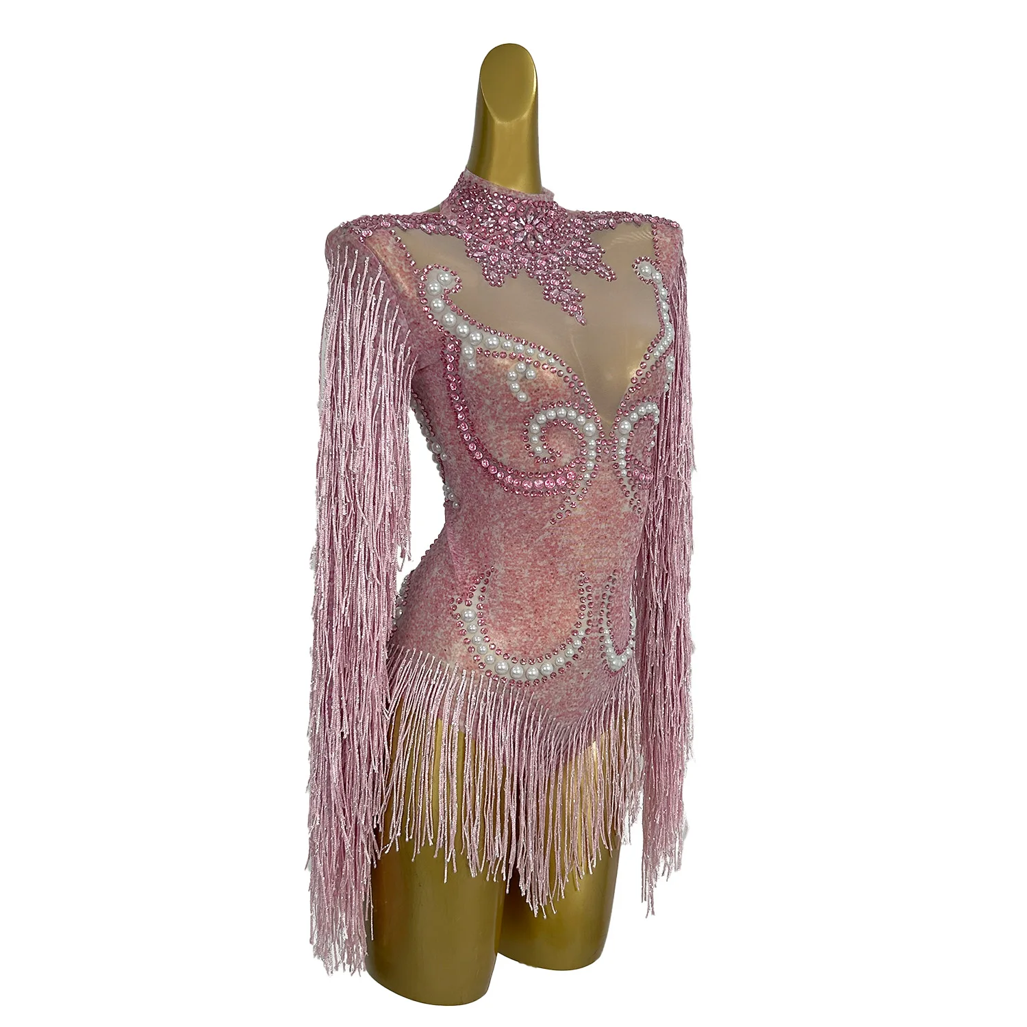 Latin Dance Leotard Stage Women's Pink High-end Pearls Tassel Bodysuit Samba Rhinestone Performance Costume Dress Yanhui