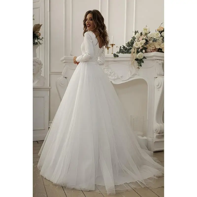 Simple Long Sleeves Wedding Dress 2024 A Line V Neck Beaded Tulle Skirt Bridal Gowns Lace-up Back Custom свадебное платье Custom