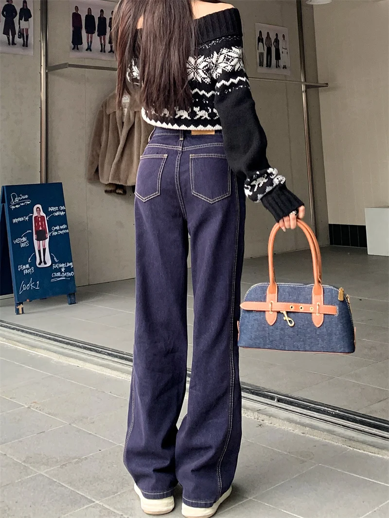 Women's Autumn Deep Indigo Denim Pants High Waist Wide Leg Floor Length Pants Drape Loose Hide Fat Long Leg