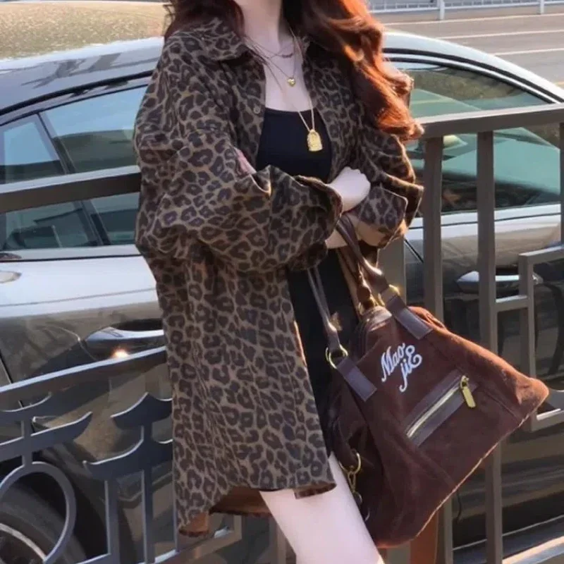 

Vintage Leopard Print Shirt Tops Spring Autumn New Long Sleeve Neck Loose Street Casual Blouse Trend Fashion Women Clothing