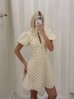 Retro Polka Dot Mini A-line Dress Elegant Stand Collar Puff Short Sleeve Waist-cinching Dresses 2026 New Lady Party Gowns - Image 2