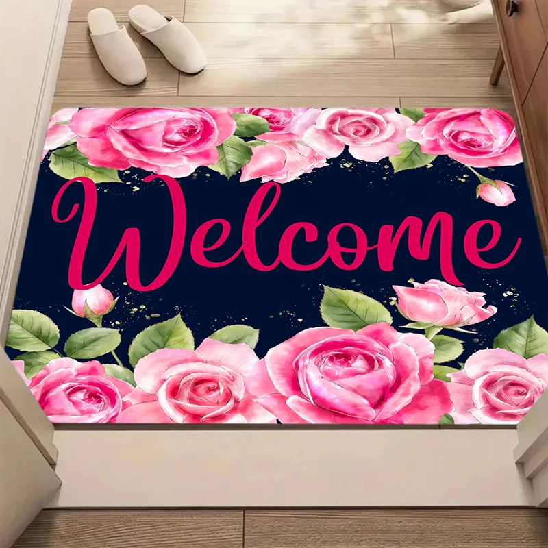 Black Pink Rose Border Welcome Text Gold Foil Floral Entrance Mat Non-Slip Doormat for Front Door Porch Romance