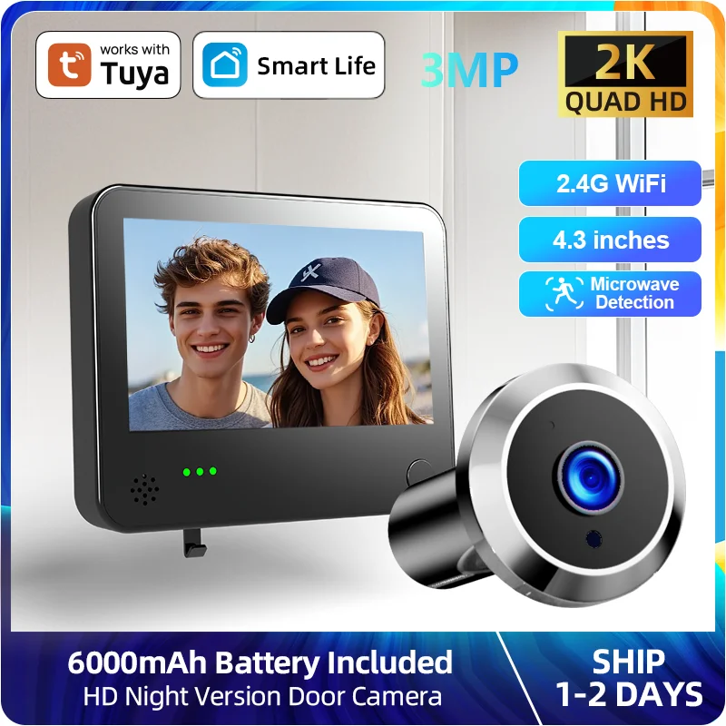 

Danmini Tuya Smart Cat Eye Door Security Camera 3MP 4.3 Inch Screen 2K Visual Night Vision PIR Motion Detection Digital Peephole