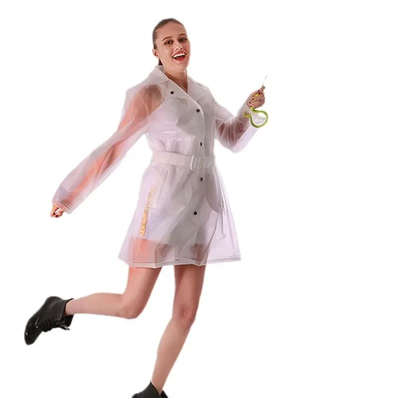 Women Waist Belt Fashion Rainproof Transparent Sheer Raincoat Trench Dusty Free EVA PVC Coats  Waterproof