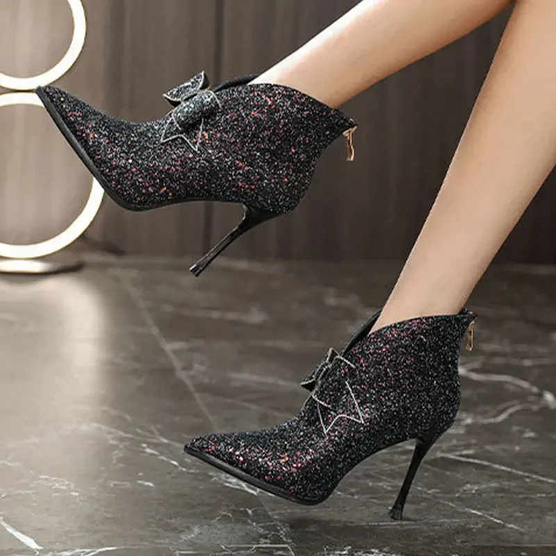 New Vintage Women\'s High Heels Shoes Autumn/Winter 2024 Sequins Bowknot Sexy Pointed Zipper Short Boots