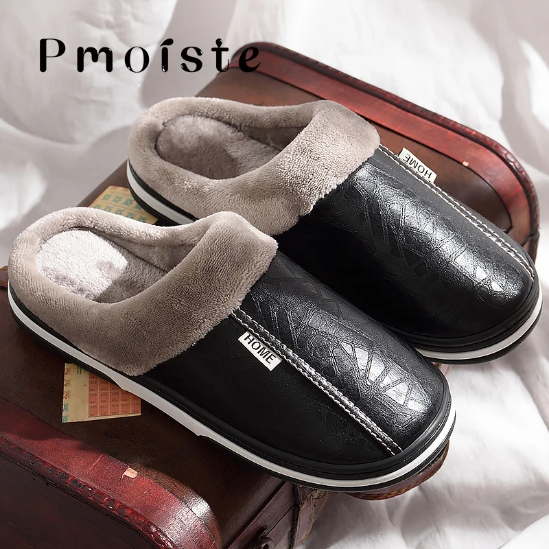 Furry Men Home Slippers PU Leather Winter Indoor Slippers with Fur Waterproof Massage Foam Male House Slipper Soft Plus Size 51