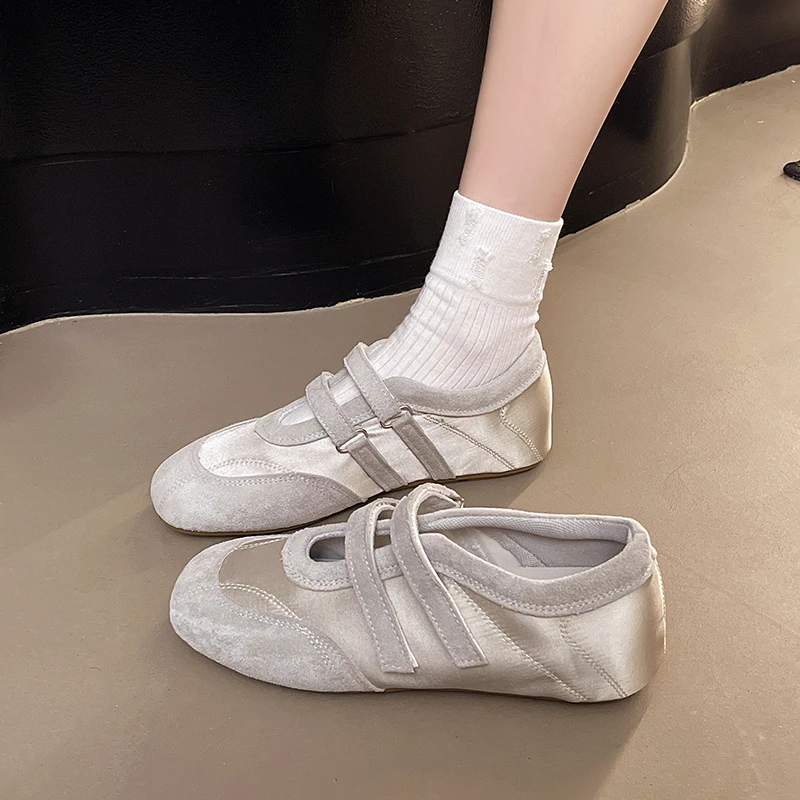 

Retro Sle Satin Flat Bot Single oes Women's Summer New Magic Tape Ballet Sle Mary Jane oes Faionable Casual Flats