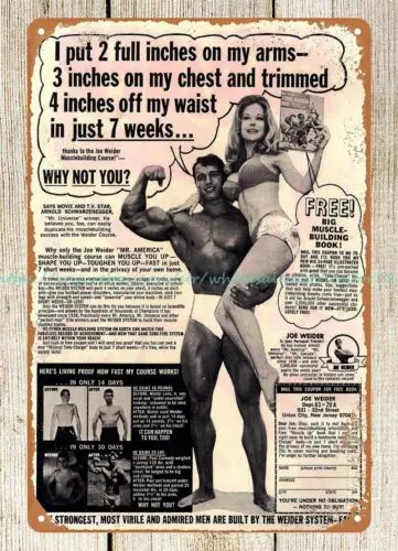 Baum Wand kunst Bodybuilding Comic Ad Weider Arnold 1969 Metall Zinn Zeichen