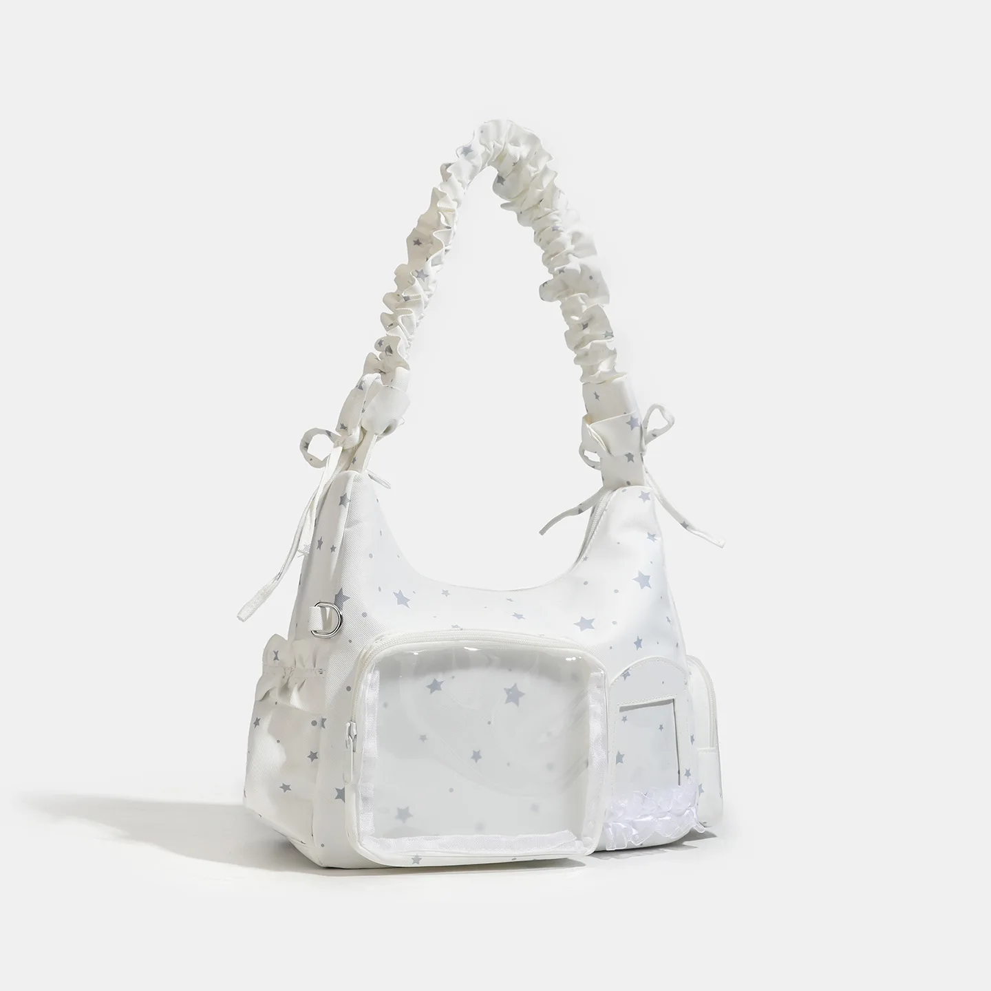 Lace Decoration Bow Ita Bag PVC Y2K Transparent Shoulder Bag Large Capacity Solid Color Badge Display Bag Anime Exhibition