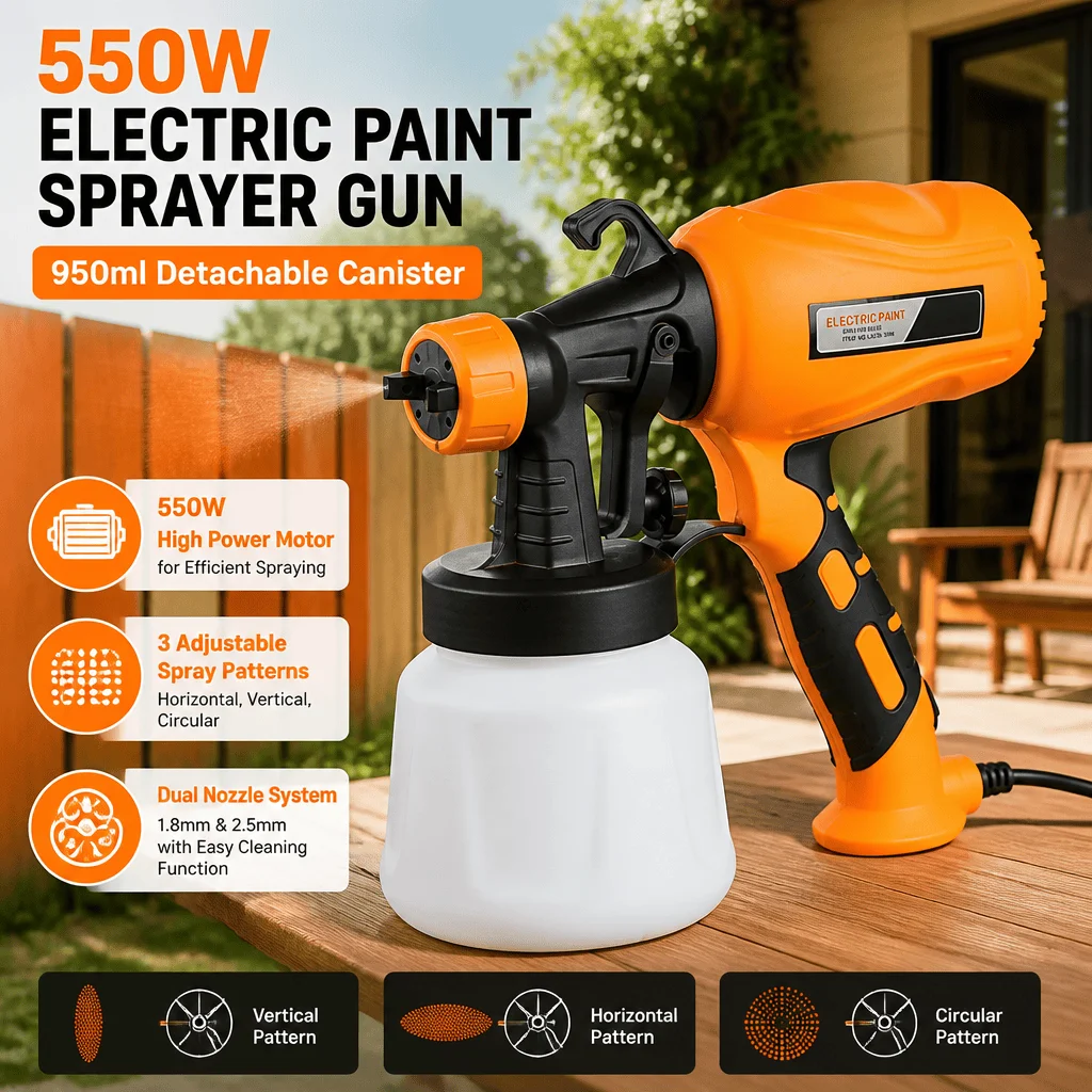 Electric Paint Sprayer 550W HVLP Spray Gun 3 Patterns Dual Nozzle Flow Control Easy Clean For Furniture Fence Wall Home DIY Kit
