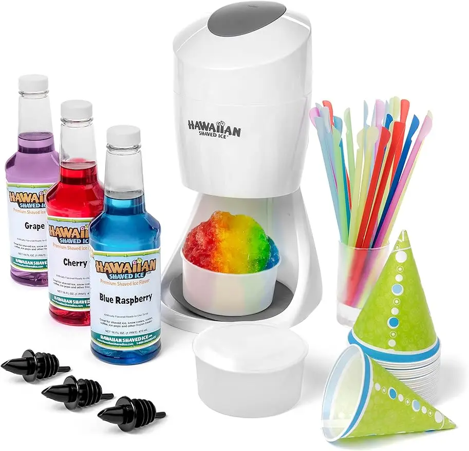 

S900A Snow Cone Machine Kit with 3-16oz. Syrup Flavors: Cherry, Grape, and Blue Raspberry