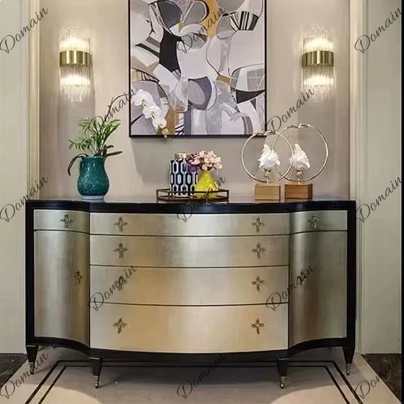American Luxury Solid Wood Champagne Gold Foyer Chest Modern Minimalist Gold Leaf Custom Decor