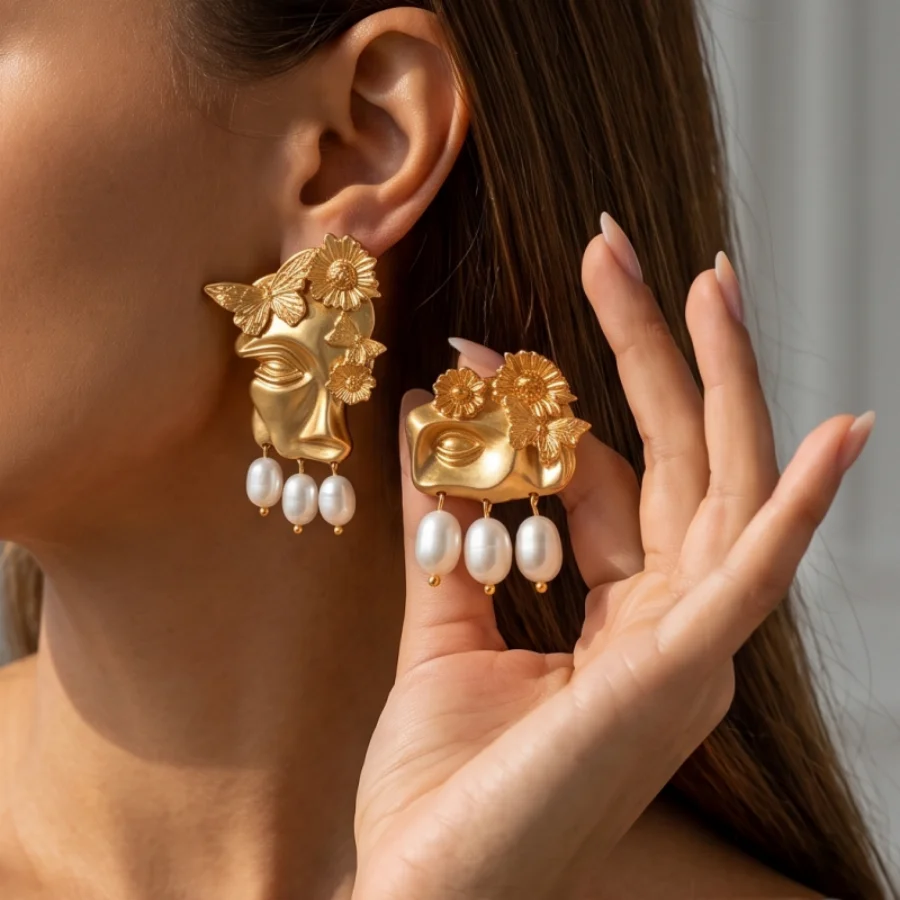 Asymmetric Abstract Imitation Pearl Face Dangle Earrings Retro Art  Statement Jewelry For Women Wedding, Party, Daily Wear & Gif