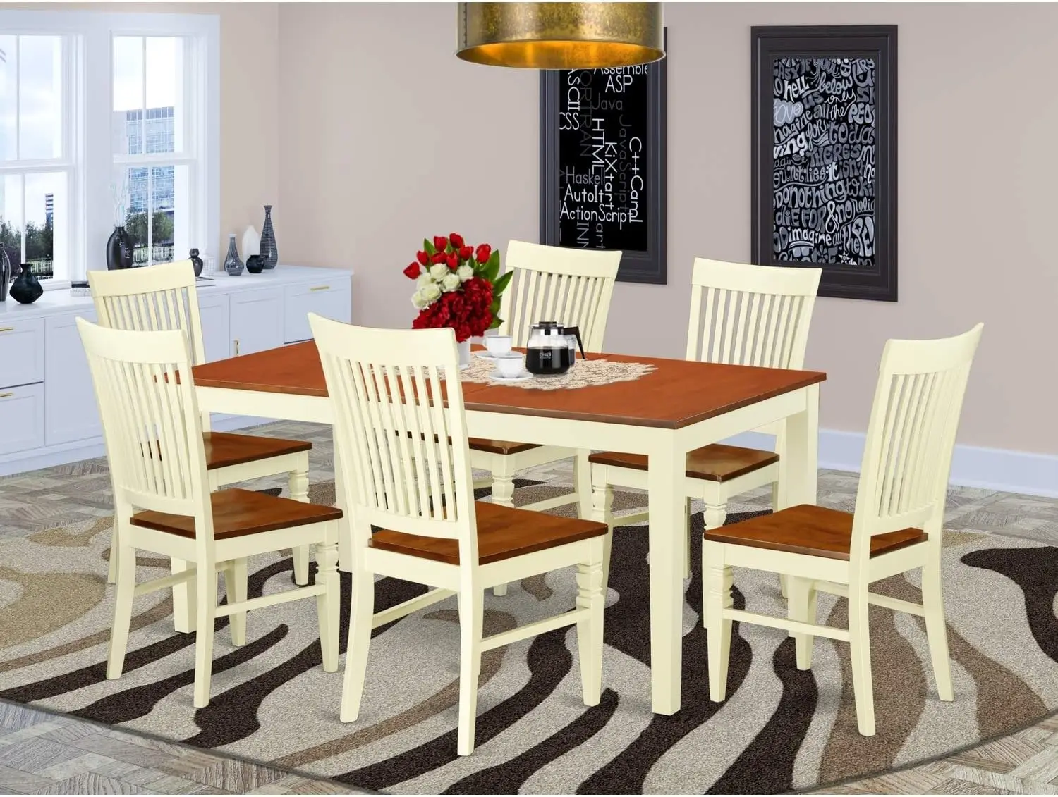 7 Piece Set Consist of a Rectangle Wooden Table with Butterfly Leaf and 6 Dining Room Chairs Buttermilk and Cherry