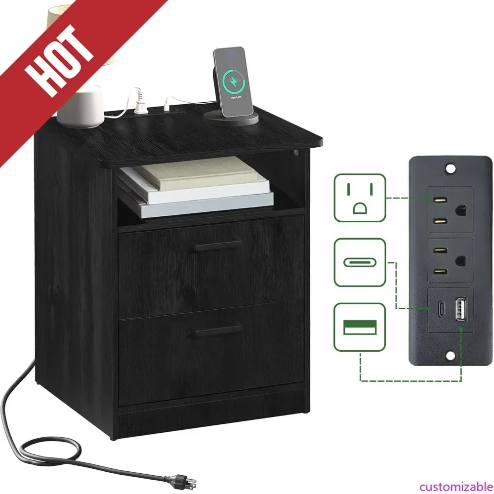 Customizable-Everyday Side Table With Fast Charging Station - USB C Cable Fast Charging, Wooden Black Nightstand Bedside Table W