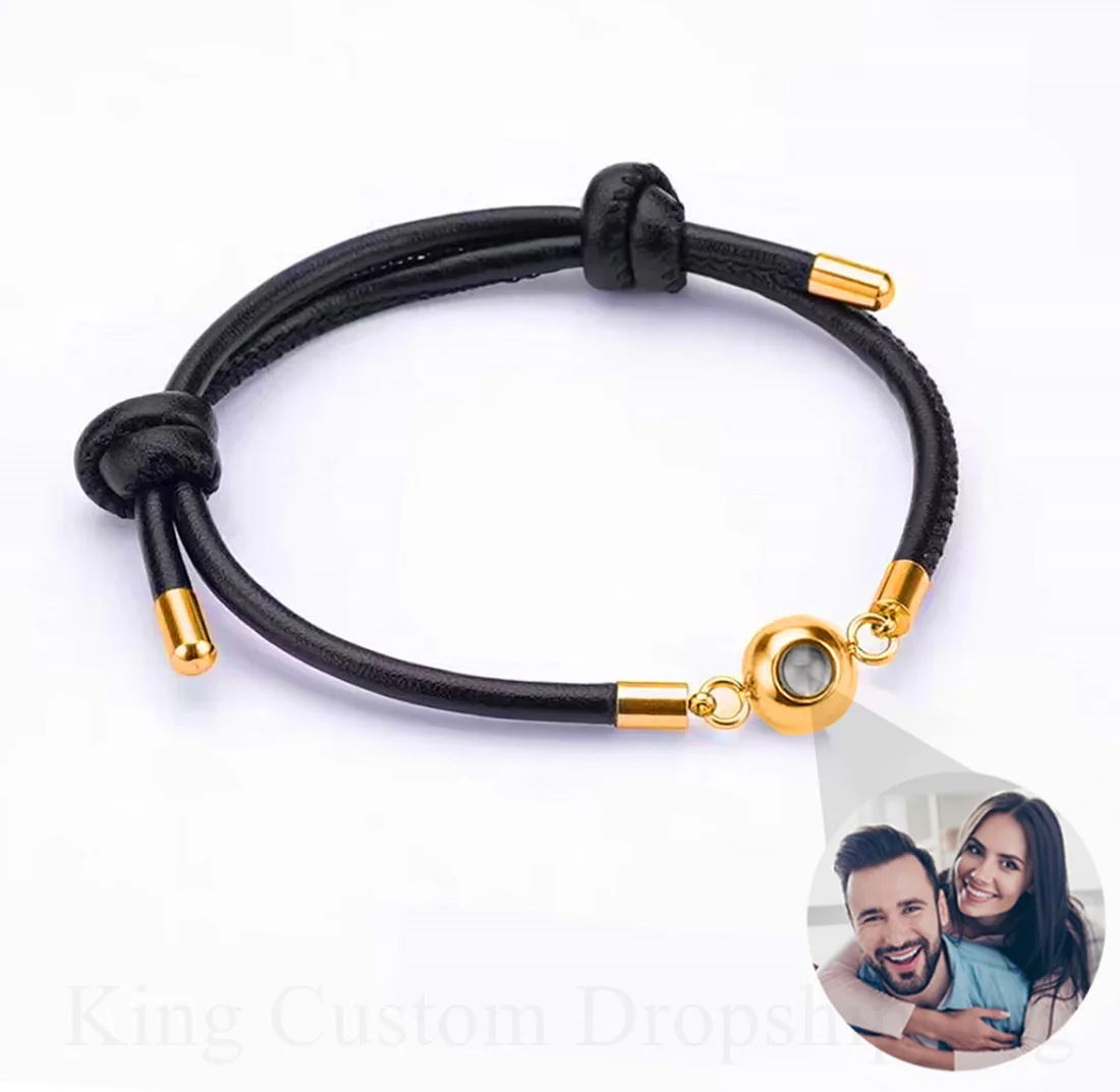 

Customized Personalized Leather Photo Projection Bracelet couples Adjustable chain Female and Male Commemorative Gift Birthday