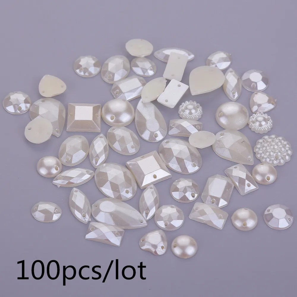 50-100pcs Mixed design Ivory Color Sewing Pearl Beads Sew On ABS Acrylic With Holes Flatback Half Round for Wedding Dress