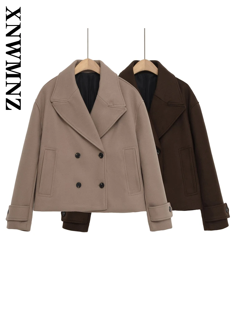 

XNWMNZ 2025 осеннее новое женское повседневное двубортное пальто с длинными рукавами, винтажная женская куртка с зубчатым воротником