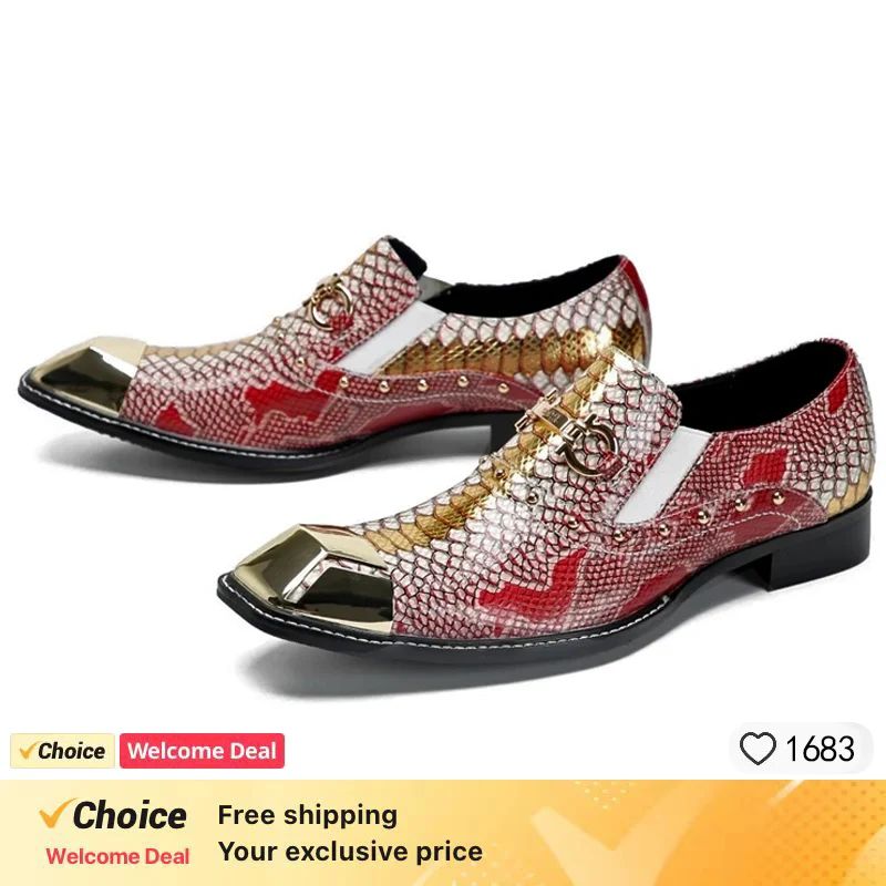 Classic Snake Pattern Genuine Leather Gentleman Shoes Metal Square Toe Slip On Oxford Shoes for Men Fashion Business Office Part