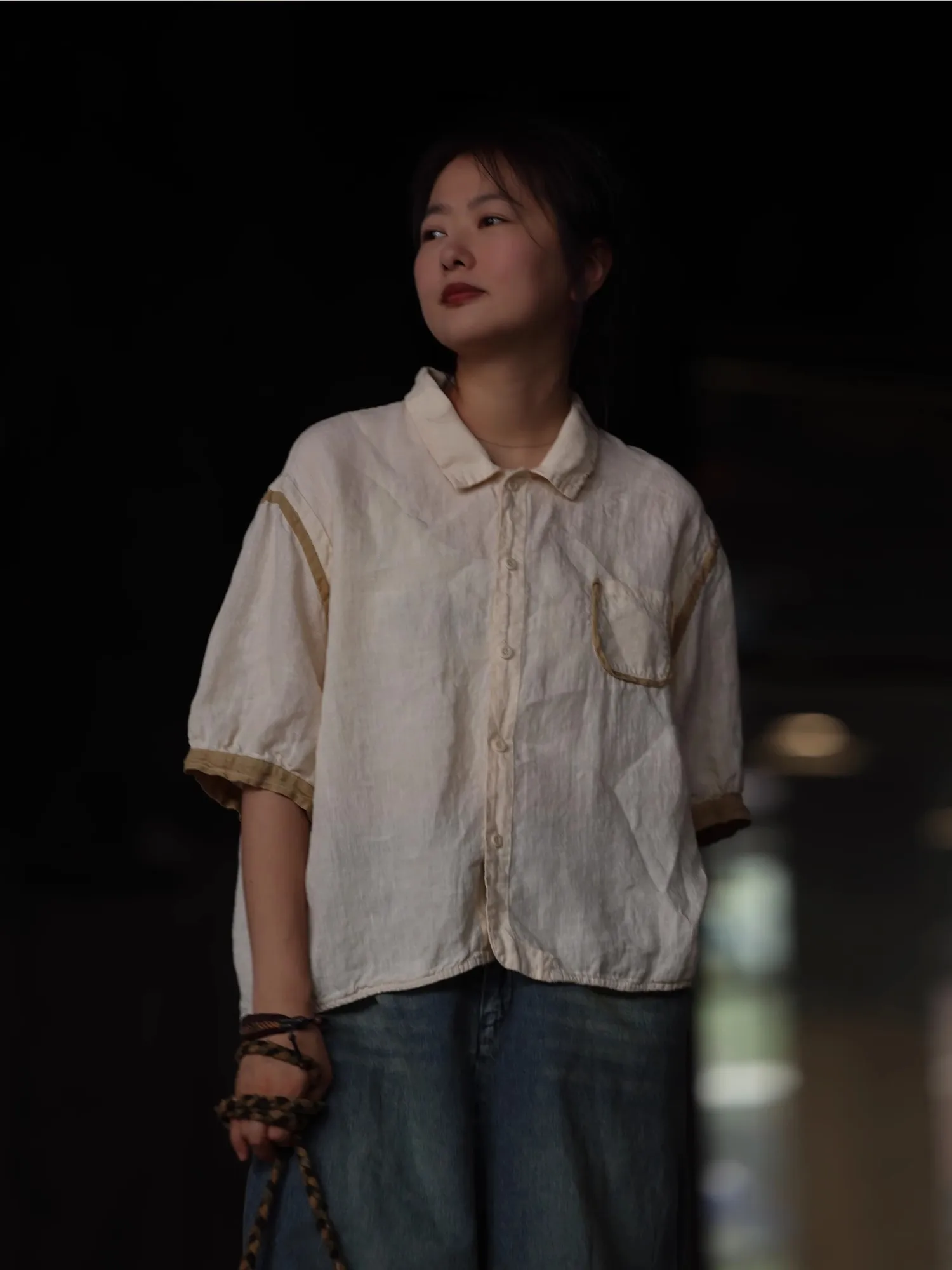 

PengPengHome 38724 Thin Linen ort Sve irt Collar Top Women's Loose Fit UV Protection Pure Color Summer Faion