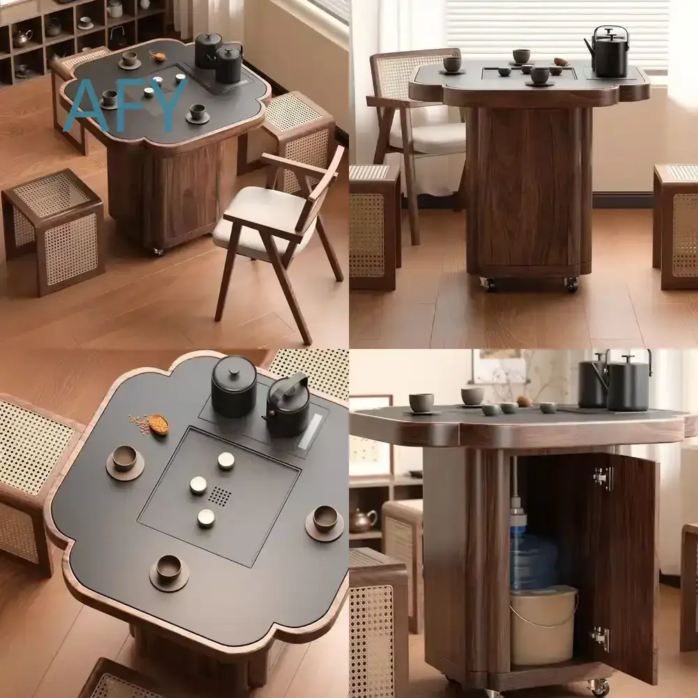 Modern Clover Leaf Solid Wood Movable Tea Table for Living Room Coffee Station with Storage for Small Apartment Balcony Tea