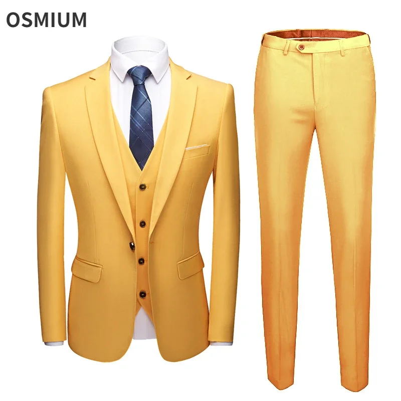 Mens Business Slim Yellow Three-piece Suits Large Size Casual Dress Suit Blazer Suit Pants Vest 3 Piece Set Party Wedding Outfit