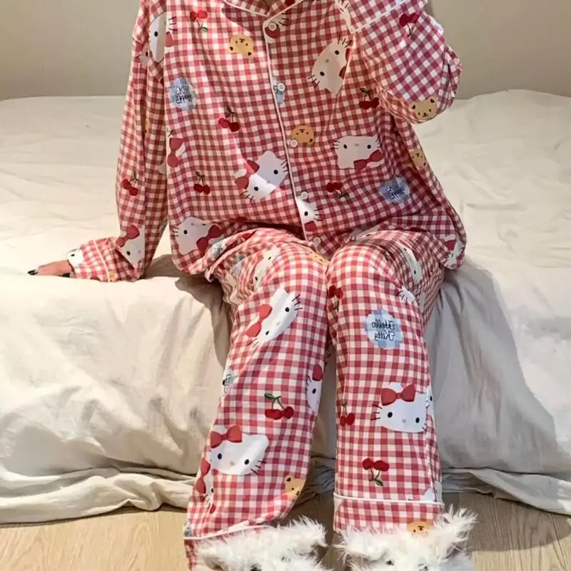 

Sanrio Hello Kitty Young Girl Thin Style Pajamas Kawaii Cartoon Student Autumn Long Sleeves Long Pants Leisure Homewear Set New