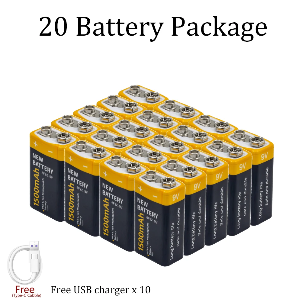 

20 PCS For Rechargeable lithium-ion battery for multimeter, 9V 1500mAh Micro USB battery for toy, microphone, remote control