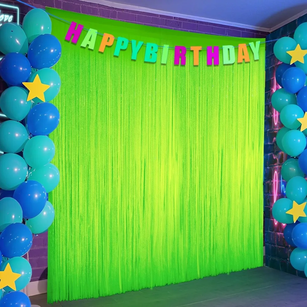 

Glow in The Dark Party Supplies, 2 Pack Neon Party Decorations 6.6 x 6.6 ft Fluorescent Macaron Green Tinsel Foil Fringe Curtain