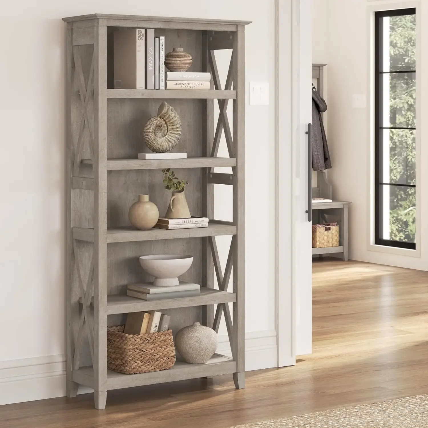 Key West Tall 5 Shelf Bookcase in Washed Gray | Large Book Shelf, Large Bookshelf for Living Room or Office Space