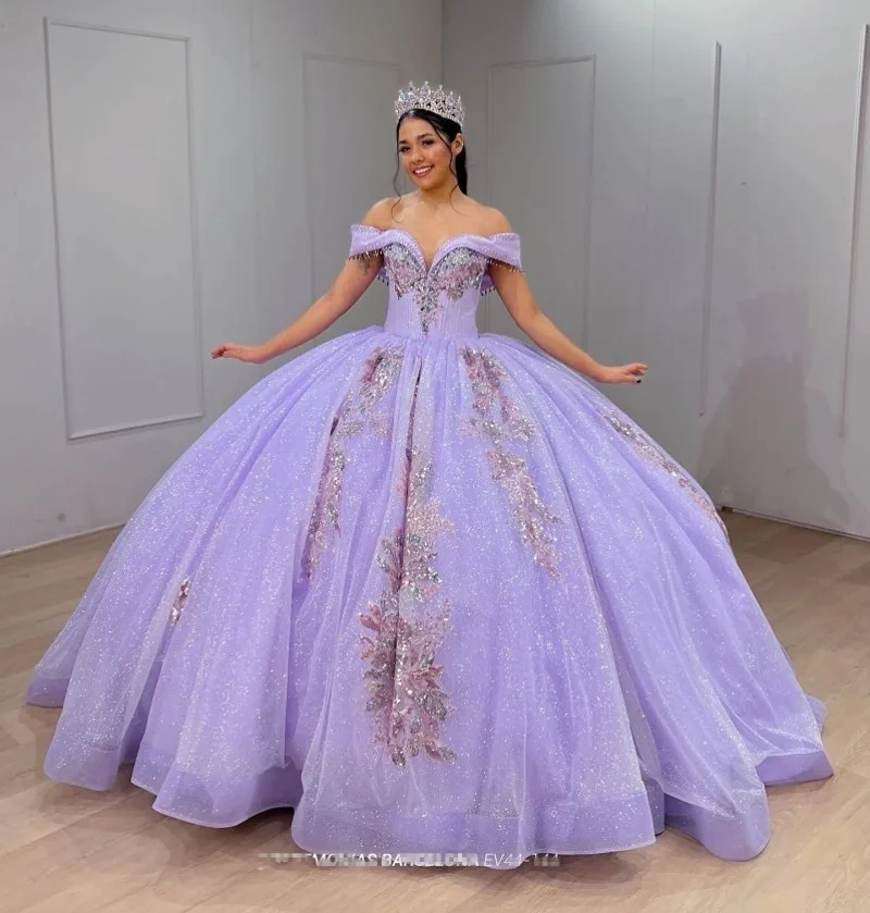 

Изысканные фиолетовые платья Quinceanera с блестками, Мексиканское бальное платье с открытыми плечами и аппликацией для девочек, корсет Sweet 2025, роскошное индивидуальное платье