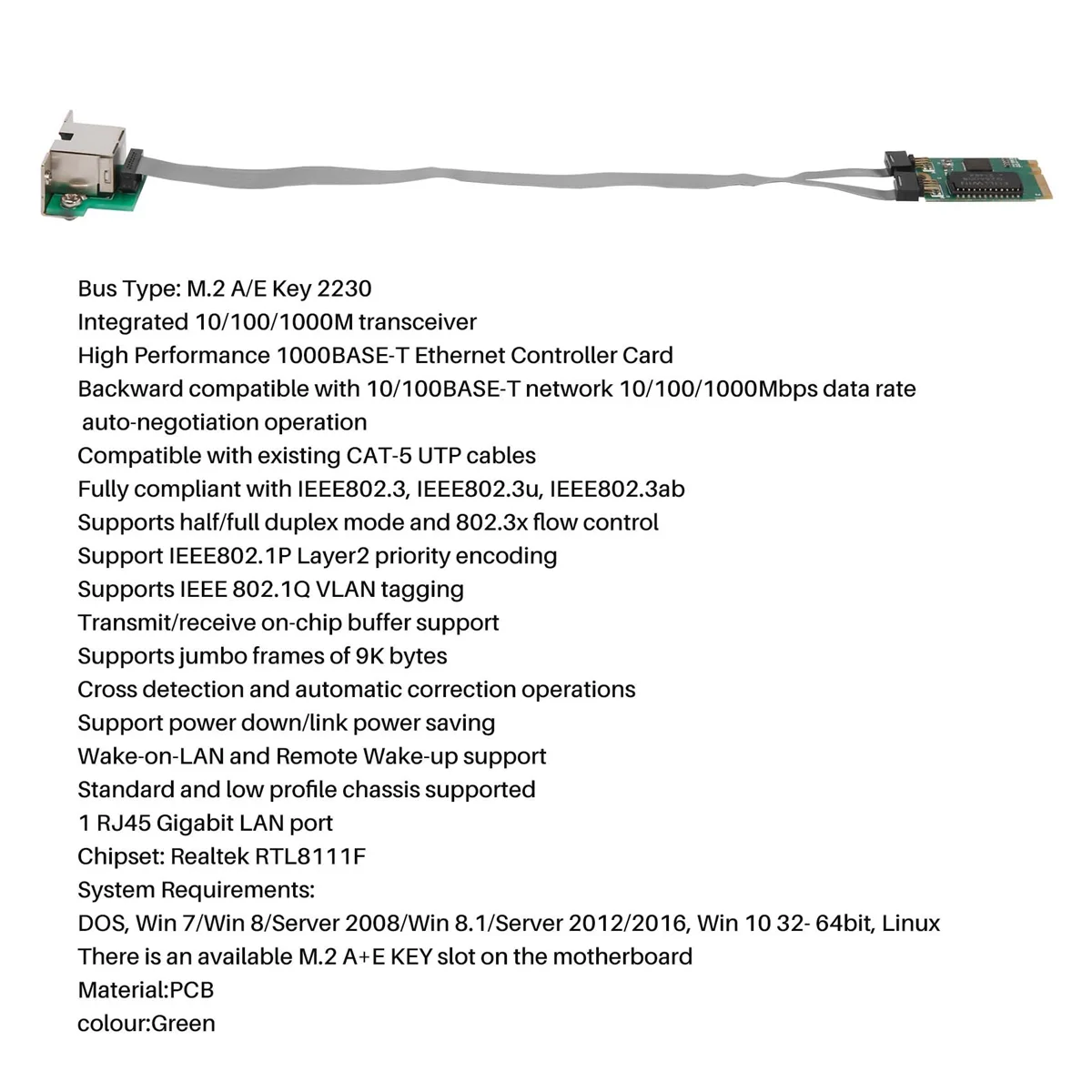 Kartu jaringan PCIE Mini, kartu jaringan M.2 A + E ke Gigabit Gigabit Port tunggal RJ45