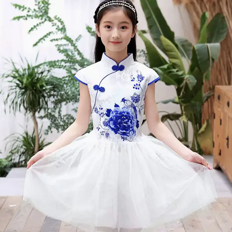 Summer Girls Hanfu Dress Kids Clothes Children Daily Party Traditional Chinese Tang Suit Floral Cheongsam Tulle Dresses