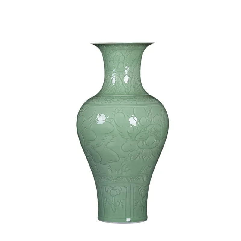 

Large vase solid color handmade relief peony lotus hotel restaurant beautiful luxury green decoration