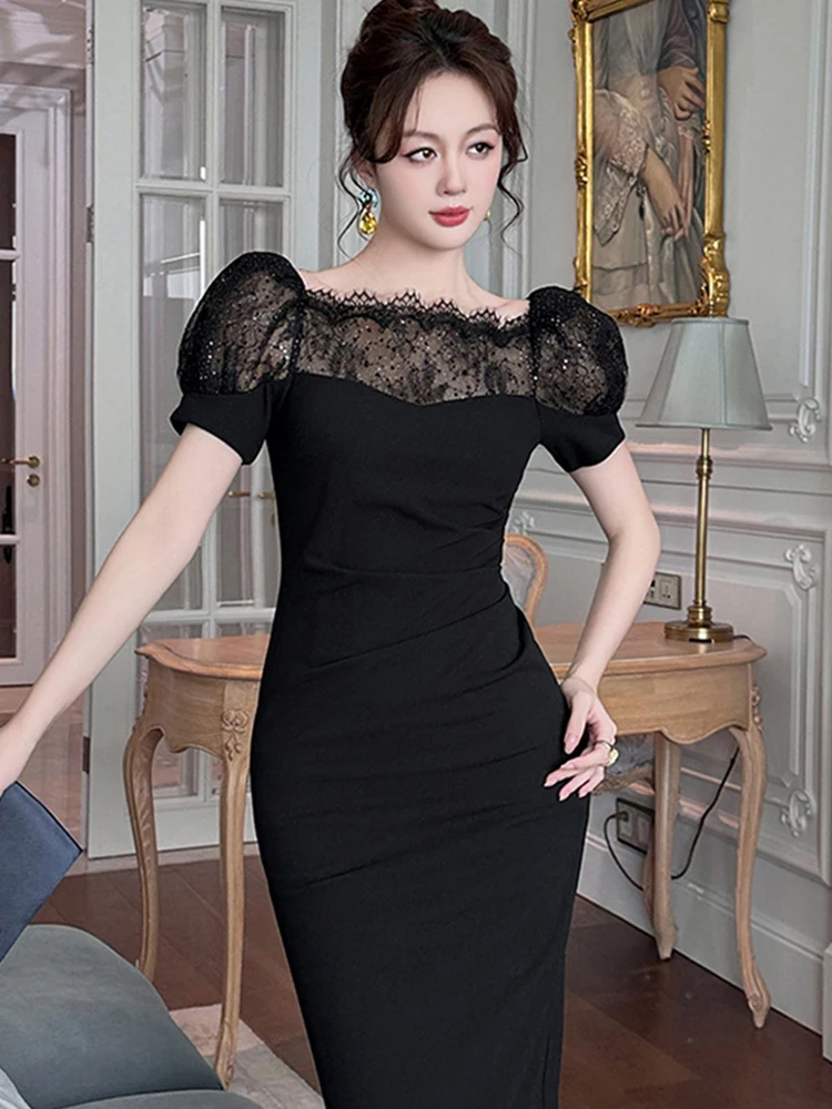Femmes vêtements noir rétro transparent Sexy à manches courtes maigre Robe de soirée élégante fête Club anniversaire robes Robe Occasion formelle