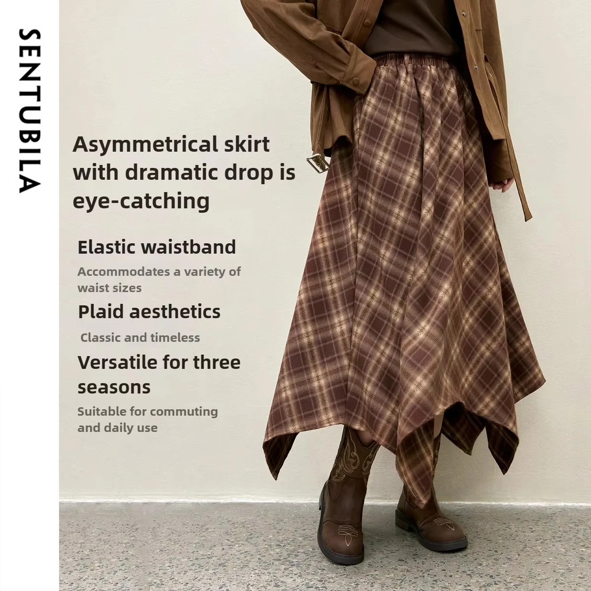 

SENTUBILA Skirt Women 2025 Winter High Waist Plaid Long Bottom Dress Asymmetrical Hem Dairy Clothing for Lady SENTUBILA154QE4887