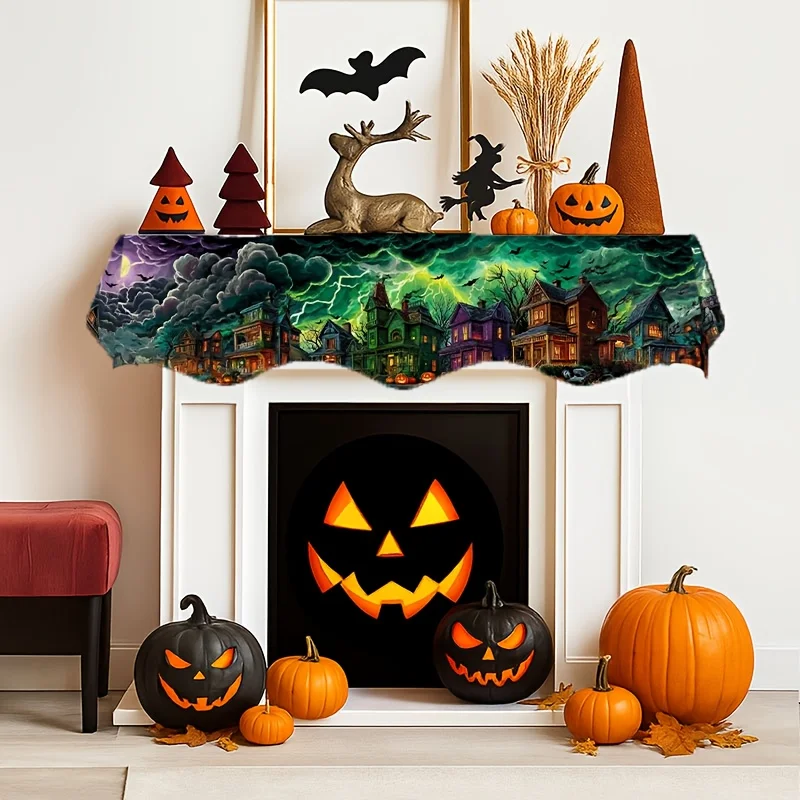 VIKAMA Halloween Fireplace Mantel Scarf Haunted House Bat Mantel Topper Spooky Night Holiday Fireplace Home Party Decoration