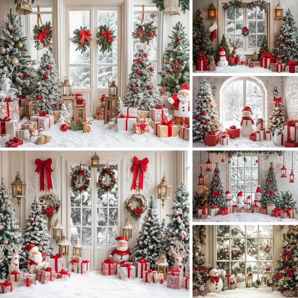 

Christmas Window Winter Indoor Photography Background Xmas Tree Wreath Gift Pile Christmas Canvas Backdrop Photo Studio Props