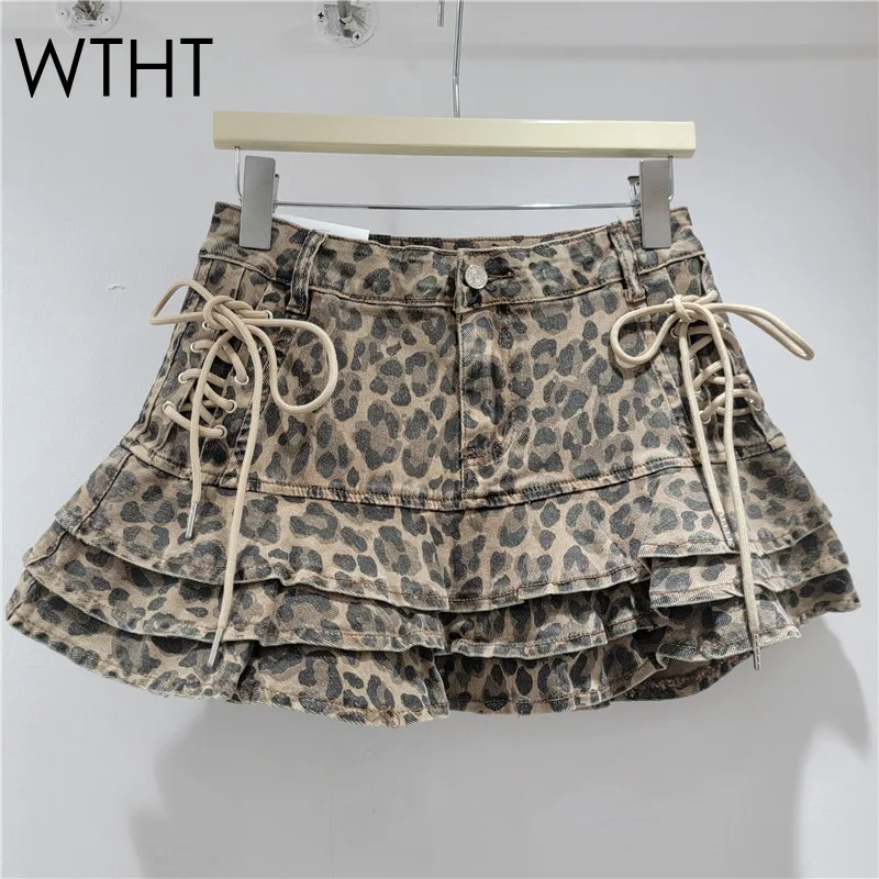

WTHT Trendy New Women's Spliced Bandage Ruffled Edge Mini Skirts 2025 Summer Fashion High Waist A-line Skirt Female 1LS2101
