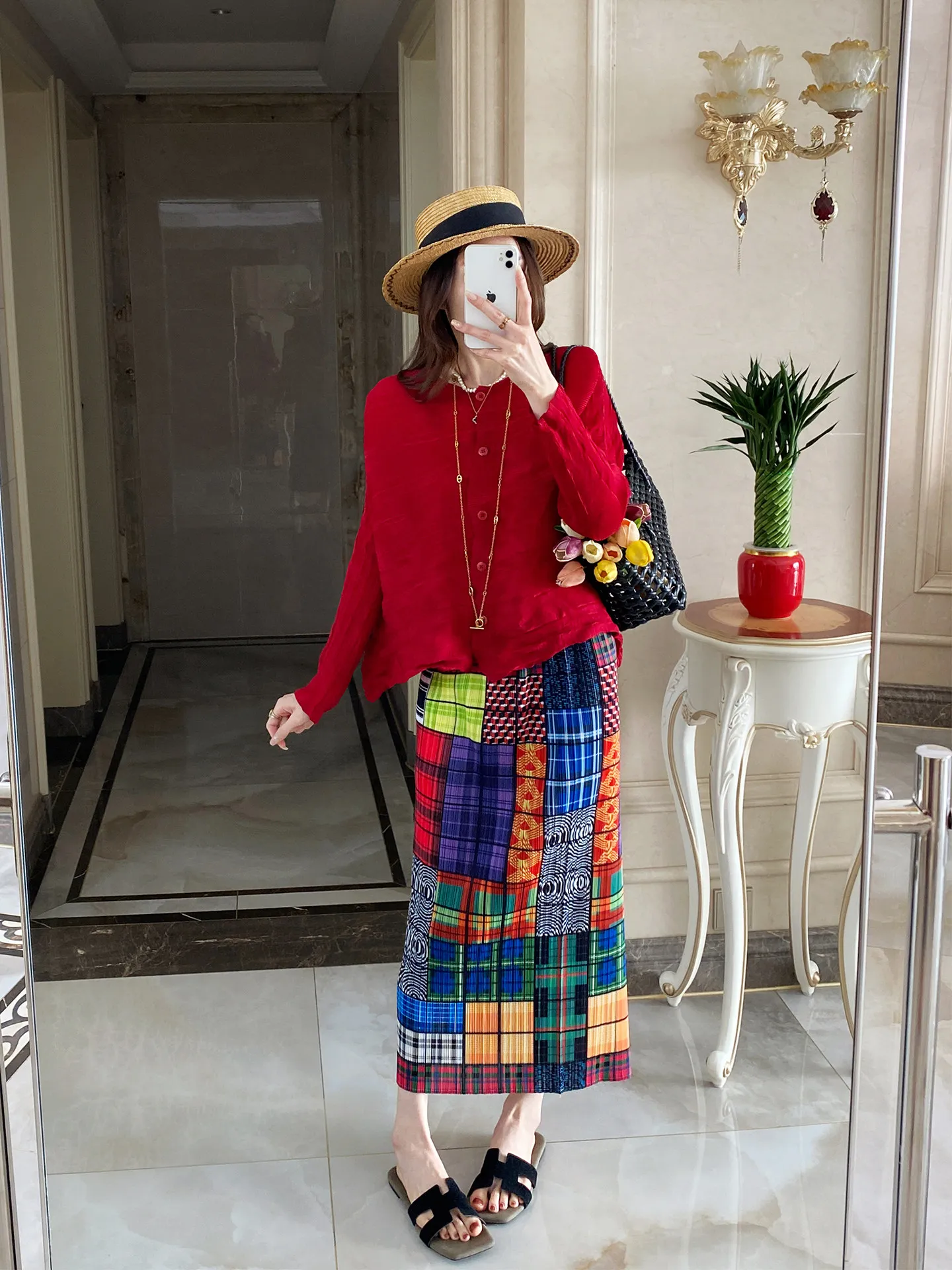 Folded Midi Skirt for Women 2026 Spring/summer New Collection Retro Geometric Pattern Printed Casual Outdoor Travel Clothing