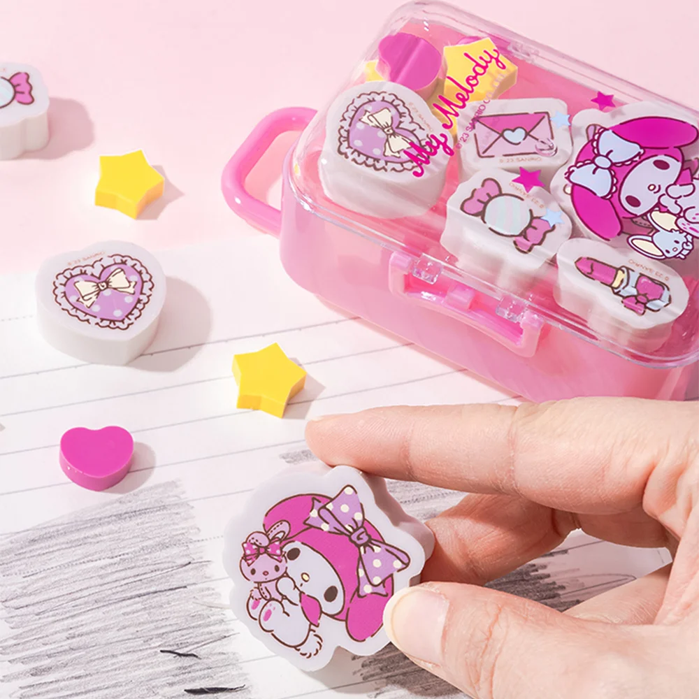 Sanrio Luggage Case Eraser Set Cartoon Kawaii Kuromi Melody Cinnamoroll Pochacco Erasers Christmas Birthday Gifts Girls Toys