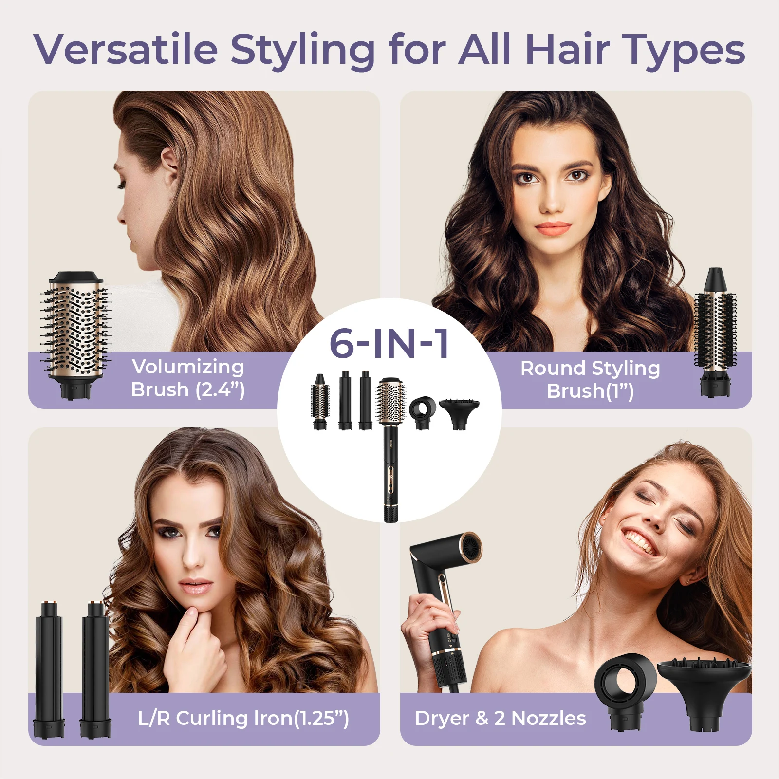 หวีลมร้อนมัลติฟังก์ชั่น 6-in-1, หัวแปรงแบบเปลี่ยนได้, แปรงเครื่องเป่าผมไอออนลบ/หวีจัดแต่งทรงผมพร้อมแปรงไฟฟ้าอนินทรีย์ 110,000 ความเร็วสูง, หวีแห้งเร็วแบบไม่ชี้ฟู, หวีจัดแต่งทรงผมแบบมืออาชีพ/หวีดัดผม/เหล็กดัดผม/เตารีดยืดผม/เหล็กดัดผม/ดัดผมตรงพร้อมความเร็ว 110,000 แรง