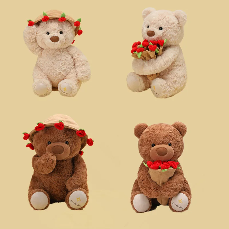 Oso rosa romántico dulce de 25/38cm, juguetes de peluche, sombrero de rosa desmontable, ramo, muñeco de oso, muñeca de empresa encantadora, Gif del Día de San Valentín