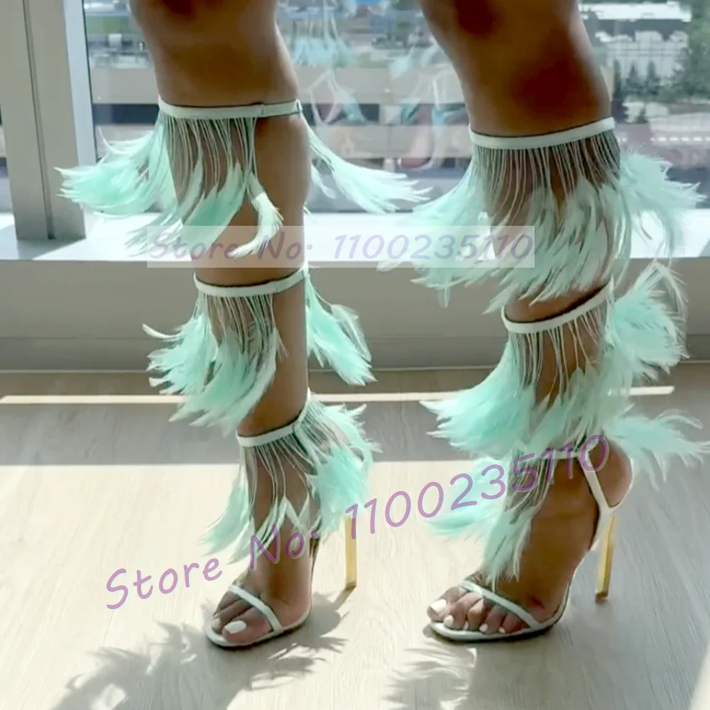 Flowy Real Feather Mid Calf Sandals Women Sweet Fur Wrap Novelty Satin High Heels Shoes Women Luxury Elegant Party Puttee Shoes