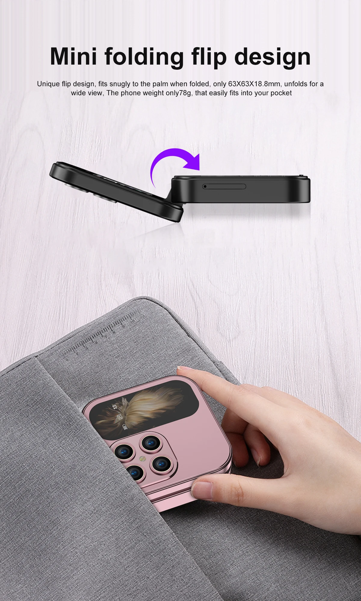SERVO Mini Pocket Foldable Mobile Phone 1.77" Screen Magic Voice FM Radio Speed Dial Dual SIM Bluetooth Feature Cellphone Torch
