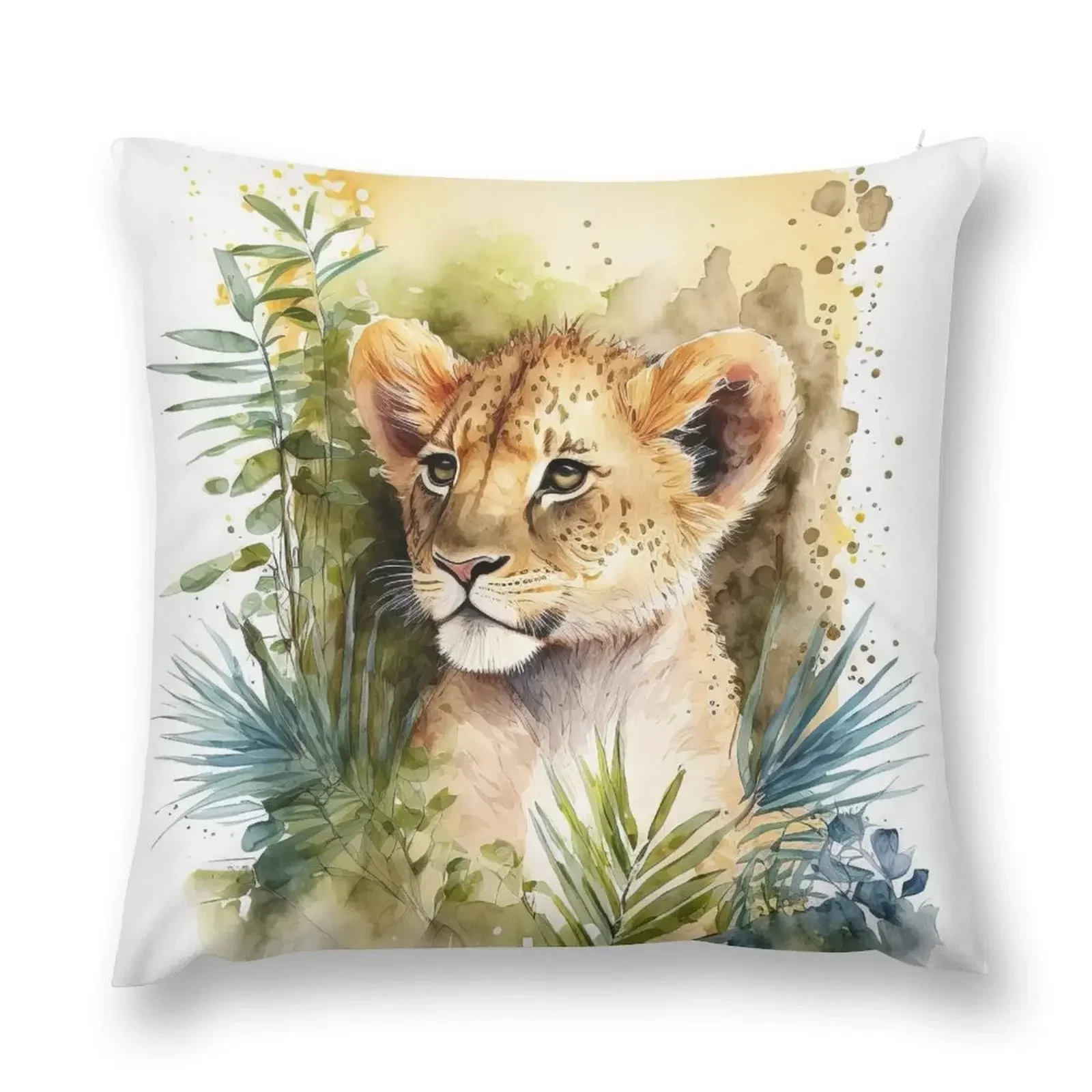 

Watercolor Cute Baby Lion Sitting in the Jungle, Lion Cub Throw Pillow ornamental pillows Room decorating items pillow