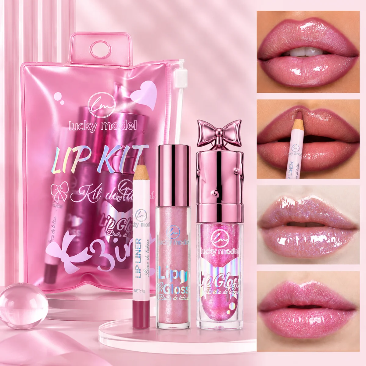 Lucky Model Lip Makeup Kit,Lip Liner Pencil&Shimmer Lip Gloss Set,Moisturizing Glitter Lip Gloss Long Wear Lip Line Pen